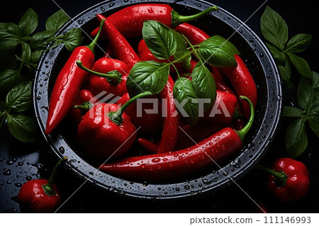 AI-generated content. Red pepper, hot, chili pepper Capsicum annuum pungent spice. The flavor tastes sharp and burning . Vitamins organica eco  111146993