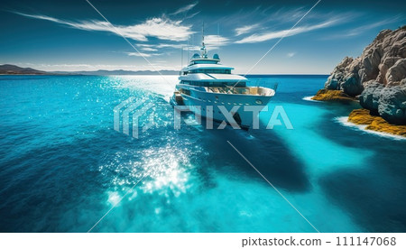 AI-generated content. Low angle view on luxury yacht from the paradise turquoise ocean water surface. Sunny day in tropic sea. Generative AI AI-generated content. Low angle view on luxury yacht from the paradise turquoise ocean water surface. Sunny day in tropic sea. Generative AI 111147068