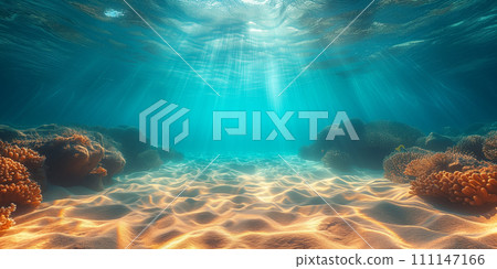 underwater view of coral reef with sunbeams and rays of light 111147166