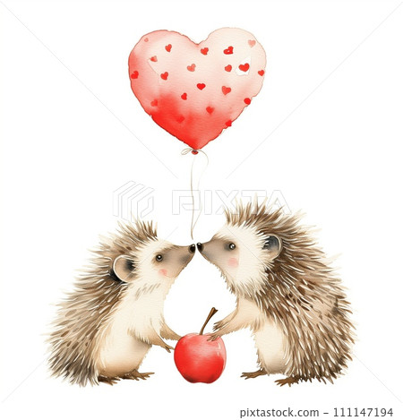 Valentines day watercolor cute animals with red heart balloon. Hedgehogs with an apple 111147194