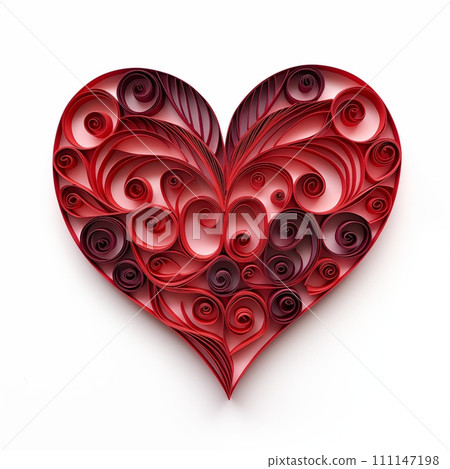 Red heart shape, paper quilling craft, 3d paper decoration. Valentines day concept, Mothers day or anniversary greeting card design 111147198