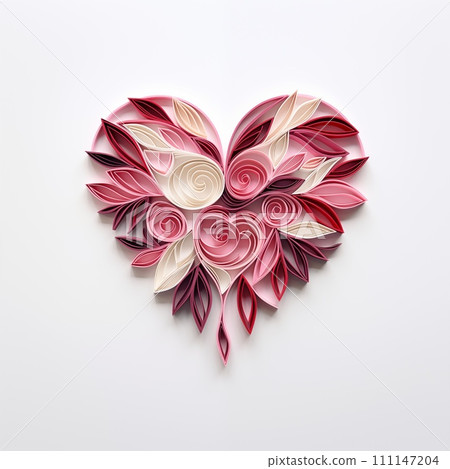Red and pink heart shape, paper quilling craft, 3d paper decoration. Valentines day concept, Mothers day or anniversary greeting card design Red and pink heart shape, paper quilling craft, 3d paper decoration. Valentines day concept, Mothers day or anniversary greeting card design 111147204