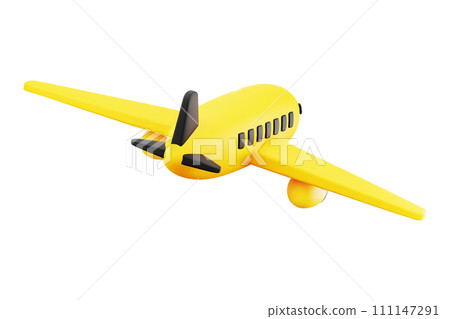 Cute 3D Cartoon Yellow and Black Flying Airplane Isolated on White Background Back View . For Travel Advertise, Ticket Booking Service or Air Transportation Concept. Vector Illustration of 3D Render. 111147291