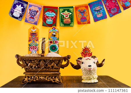 Losar Tibetan New Year. A Chemar box for Tibetan New Year with roasted barley and barley flour. 111147361