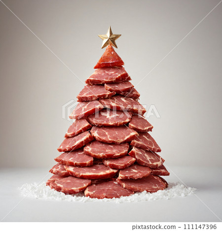 A creative Christmas tree made from stacked slices of fresh meat with a star on top, presented on a white background with a snowy effect. A creative Christmas tree made from stacked slices of fresh meat with a star on top, presented on a white background with a snowy effect. 111147396