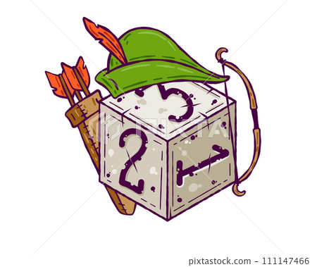 Dice d6 for playing tabletop board game. Cartoon outline drawn illustration. Fantasy art sticker, adventure boardgame, roleplaying decoration. Archer and bow Dice d6 for playing tabletop board game. Cartoon outline drawn illustration. Fantasy art sticker, adventure boardgame, roleplaying decoration. Archer and bow 111147466