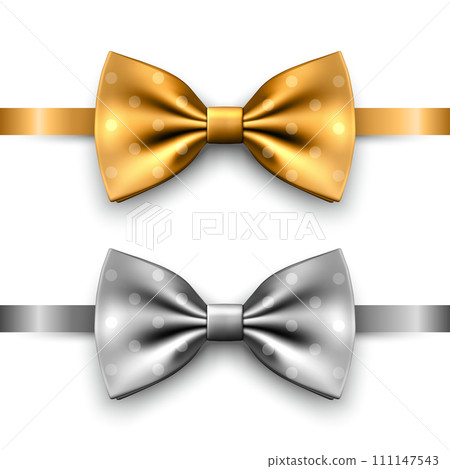 Vector 3D Realistic Golden, Silver Bow Tie Icon Set Closeup Isolated. Silk Glossy Bowtie, Tie Gentleman. Mockup, Design Template of Stylish Bow Tie for Men. Fashion, Father's Day Holiday Concept Vector 3D Realistic Golden, Silver Bow Tie Icon Set Closeup Isolated. Silk Glossy Bowtie, Tie Gentleman. Mockup, Design Template of Stylish Bow Tie for Men. Fashion, Father's Day Holiday Concept 111147543