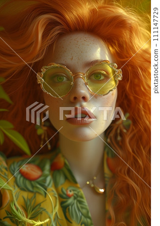 AI-generated content. Red-Haired Woman Wearing Ornate Golden Glasses 111147729