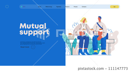 Mutual Support: Share food -modern flat vector concept illustration of woman offering half of her lunch to colleague in the park. A metaphor of voluntary, collaborative exchanges of resource, services 111147773