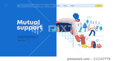 Mutual Support: Save a drowning person -modern flat vector concept illustration of woman reaching out to drowning woman A metaphor of voluntary, collaborative exchanges of resource, services 111147779