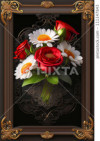 bouquet of red roses and white daisies on a dark background, AI generated bouquet of red roses and white daisies on a dark background, AI generated 111147843