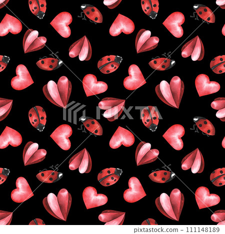 Ladybugs and red hearts. Watercolor hand drawn illustration. Seamless pattern. St valentine's day concept. For textile, fabric, wallpaper, web, packaging paper Ladybugs and red hearts. Watercolor hand drawn illustration. Seamless pattern. St valentine's day concept. For textile, fabric, wallpaper, web, packaging paper 111148189