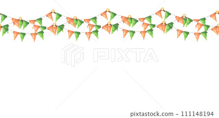 St. Patrick's Day bunting set isolated on white background. Pub party decorations, seamless Ireland borders. Eat, Drink and Be Irish. For design, decor, flyers, print 111148194