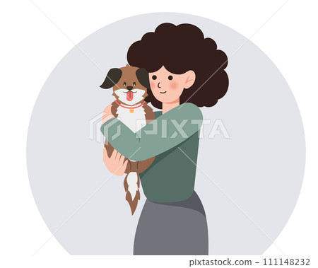 woman hugs her dog with love, the concept of the relationship between people and their pets, adopt, shelter. Woman holding dog. Cartoon vector illustration. woman hugs her dog with love, the concept of the relationship between people and their pets, adopt, shelter. Woman holding dog. Cartoon vector illustration. 111148232