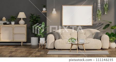 Modern Living room with sofa and decorate plant Minimal style 3d render, white wall and wood floor 3d render, Modern Living room with sofa and decorate plant Minimal style 3d render, white wall and wood floor 3d render, 111148235