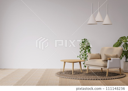 Empty living room with white wall, minimalist armchair and plant, realistic lighting. Decorated home mockup with free space, 3d rendering illustration 111148236