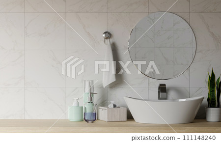 a counter with decoration on top wood with washbasin and modern style white bathroom 3d render, white wall and mirrors, The room has large windows. 3d render a counter with decoration on top wood with washbasin and modern style white bathroom 3d render, white wall and mirrors, The room has large windows. 3d render 111148240