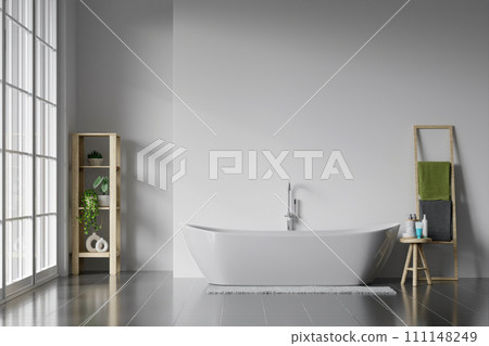 Minimal style white bathroom 3d render, white wall and ceramic floor, The room has large windows. 3d render Minimal style white bathroom 3d render, white wall and ceramic floor, The room has large windows. 3d render 111148249