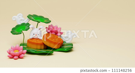 3d cute rabbits on baked mooncake with lotus and cloud on yellow background. Chinese palace aside. Translation: Happy mid autumn festival. 3d render 3d cute rabbits on baked mooncake with lotus and cloud on yellow background. Chinese palace aside. Translation: Happy mid autumn festival. 3d render 111148256