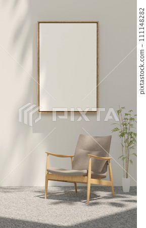 Blank vertical poster frame mock up in Living room. modern living room interior background, beige sofa. 3d rendering illustration. 111148282
