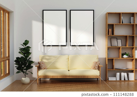 Blank horizontal poster frame mock up in living room interior, modern living room interior background, beige sofa. 3d rendering illustration 111148288