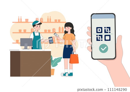 Cashless payment system. woman use mobile cashless payment system or scan qr code. Characters using digital banking service. vector illustration Cashless payment system. woman use mobile cashless payment system or scan qr code. Characters using digital banking service. vector illustration 111148290