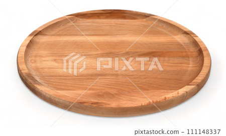 Top view and perspective of empty round wooden plate on white background. Space for branding, text or menu. Business food brand template. Layout. Cooking food. Culinary background 111148337