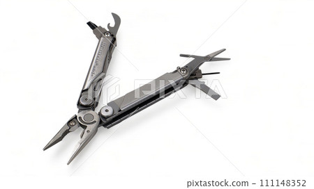 Opened modern steel multitool with pliers, file, blade, screwdriver, scissors, bottle opener and saw, on a white background. Compact and portable product. Pocket knife. EDC concept 111148352