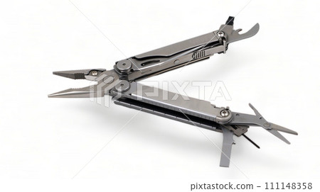 Opened modern steel multitool with pliers, file, blade, screwdriver, scissors, bottle opener and saw, on a white background. Compact and portable product. Pocket knife. EDC concept 111148358