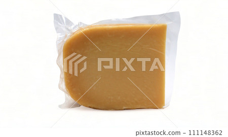 One parmesan cheese triangle in a transparent plastic wrap with soft shadows stands on a white background. Vacuum plastic bag with cheese. Mockup, packaging template with clipping path One parmesan cheese triangle in a transparent plastic wrap with soft shadows stands on a white background. Vacuum plastic bag with cheese. Mockup, packaging template with clipping path 111148362