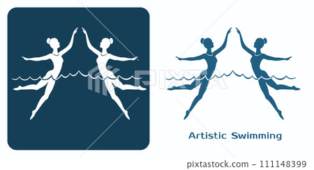 Artistic or swimming 2 icons. Women athletes synchronized performance emblem. Water ballet duet. 111148399