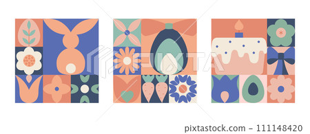 Abstract modern square easter geometric cards, banners. Spring, easter postcards with flowers, bunny, eggs. Abstract modern square easter geometric cards, banners. Spring, easter postcards with flowers, bunny, eggs. 111148420