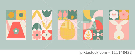 Abstract modern easter geometric cards, banners. Spring, easter postcards with flowers, bunny, pinwheel. Abstract modern easter geometric cards, banners. Spring, easter postcards with flowers, bunny, pinwheel. 111148422