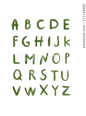 Alphabet with capital letters. Green textured acrylic font. Handwritten typographic font with strokes. Hand drawn characters with paint texture. Capital letters 111148460