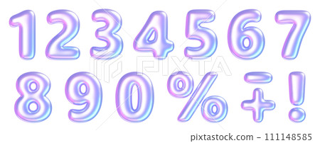 Holographic number 3d illustration set. Purple and pink gradient chrome glossy inflatable balloon numbers and sign of percentage, plus, exclamation mark for creating sale or congratulation banner. 111148585