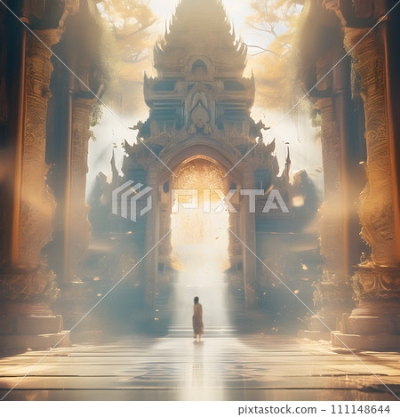 Opulent acient Temple of lost Lemuria civilization bathed in golden  light. culture concept. Ai generated 111148644