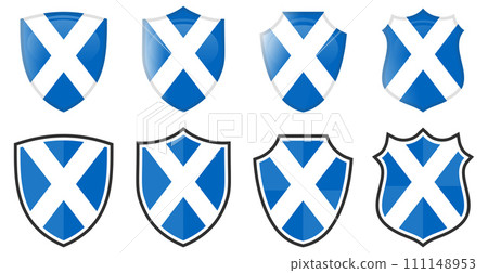 Scotland flag in shield shape, four 3d and simple versions. Scottish icon / sign Scotland flag in shield shape, four 3d and simple versions. Scottish icon / sign 111148953
