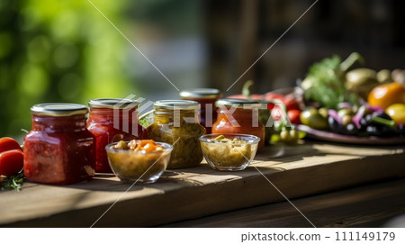 Homemade smached pickled vegetables in glass jars. Autumn food harvesting from vegetable garden, AI Generative Homemade smached pickled vegetables in glass jars. Autumn food harvesting from vegetable garden, AI Generative 111149179