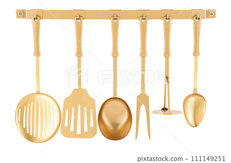 Golden kitchen utensils on a kitchen hook strip, 3D rendering Golden kitchen utensils on a kitchen hook strip, 3D rendering 111149251