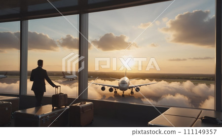 Business people in business attire wait at the airport, look at the tarmac with planes standing and flying, and make their way to boarding 111149357