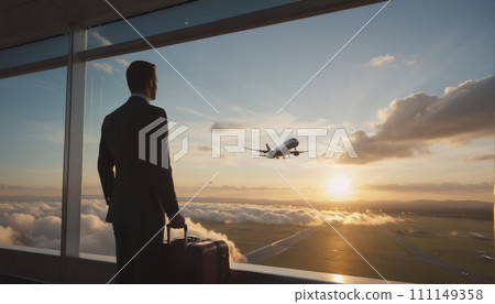 Business people in business attire wait at the airport, look at the tarmac with planes standing and flying, and make their way to boarding 111149358