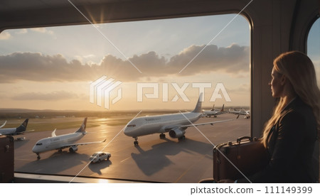 Business people in business attire wait at the airport, look at the tarmac with planes standing and flying, and make their way to boarding 111149399