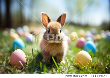 AI-generated content. Cute Little Bunny Surrounded by Colored Easter Eggs on Fresh Spring Grass. 111149645