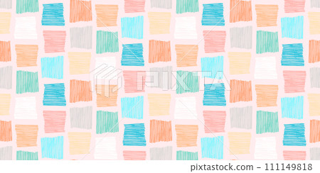 Cute abstract colorful textured hand drawn scribble square shape seamless pattern. Scandinavian pastel colors mosaic texture for kids textile design, wrapping paper, surface, wallpaper, background Cute abstract colorful textured hand drawn scribble square shape seamless pattern. Scandinavian pastel colors mosaic texture for kids textile design, wrapping paper, surface, wallpaper, background 111149818