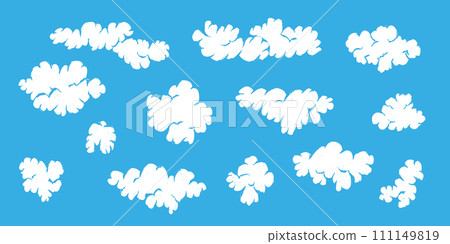 Cute fluffy cartoon white linocut textured clouds. Retro comic cloud elements for kids print design, patterns, stickers, apps and books decoration 111149819