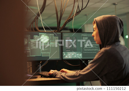 Phishing attack, computer network system hacking, hacker coding internet fraud program script, programming password cracking software on computer. Cyberattack, data breach, woman developing malware Phishing attack, computer network system hacking, hacker coding internet fraud program script, programming password cracking software on computer. Cyberattack, data breach, woman developing malware 111150212