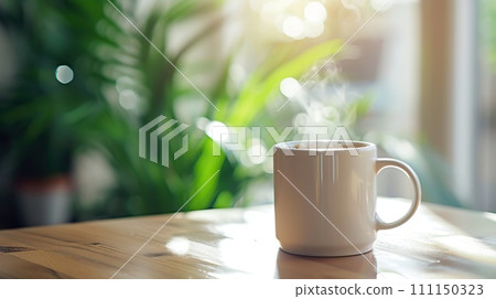 A white mug with steam on a table, backlit by sunlight creating a cozy atmosphere, with a blurred green plant in the background, conveying warmth and relaxation A white mug with steam on a table, backlit by sunlight creating a cozy atmosphere, with a blurred green plant in the background, conveying warmth and relaxation 111150323
