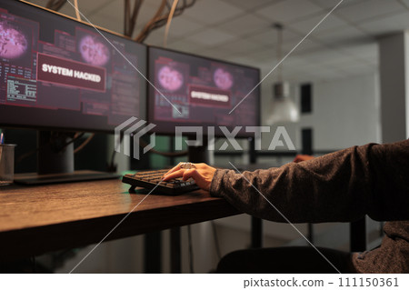 Woman hacker coding virus program, typing on keyboard. Cyberattack, online criminal programming malicious software and malware, hacking computer system, writing encryption. Close up. Woman hacker coding virus program, typing on keyboard. Cyberattack, online criminal programming malicious software and malware, hacking computer system, writing encryption. Close up. 111150361