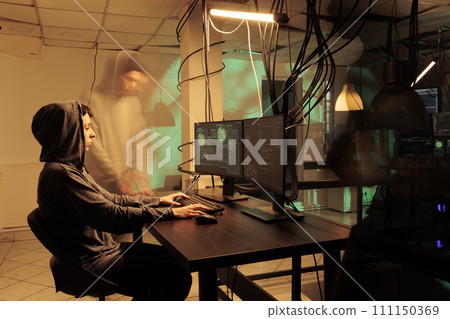 Female spy hacking network server to steal passwords, causing computer malware to access important database. Person working on identity theft, asking for ransomware late at night. 111150369