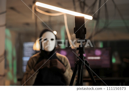 Smartphone recording hacker asking money for ransom on internet, mobile ransomware cyberattack, anonymous threatening victim. Online scam, cybercrime fraud, malicious software 111150373